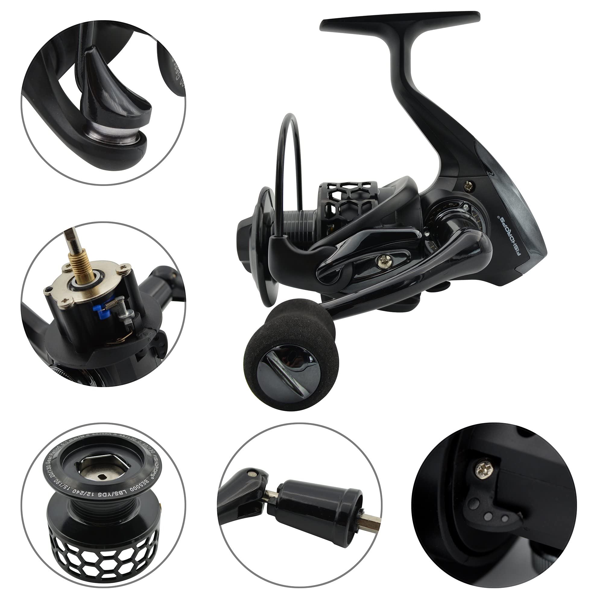 Fishdrops spinning reel spool close-up shows carved honeycomb holes reducing weight.