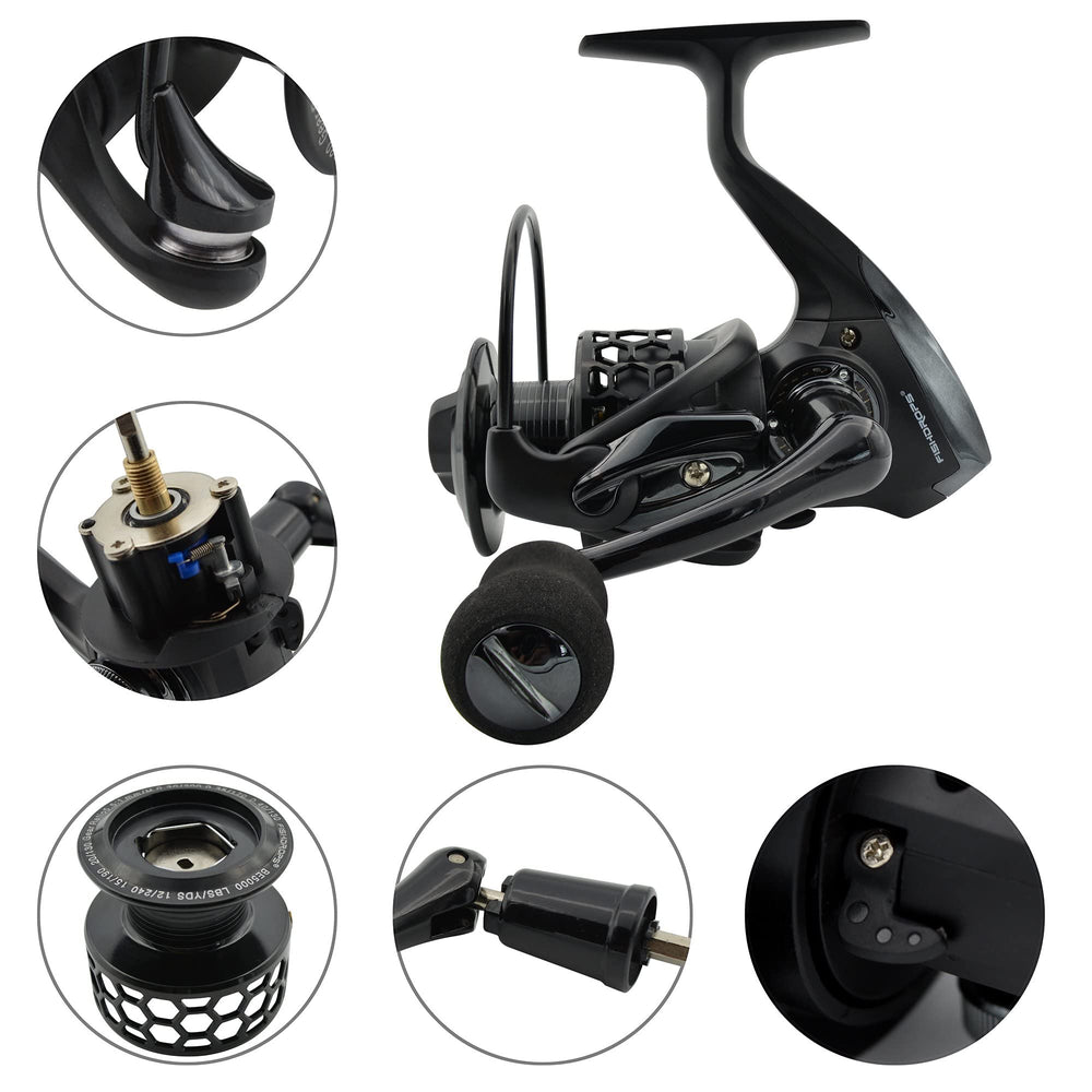 Fishdrops spinning reel spool close-up shows carved honeycomb holes reducing weight.