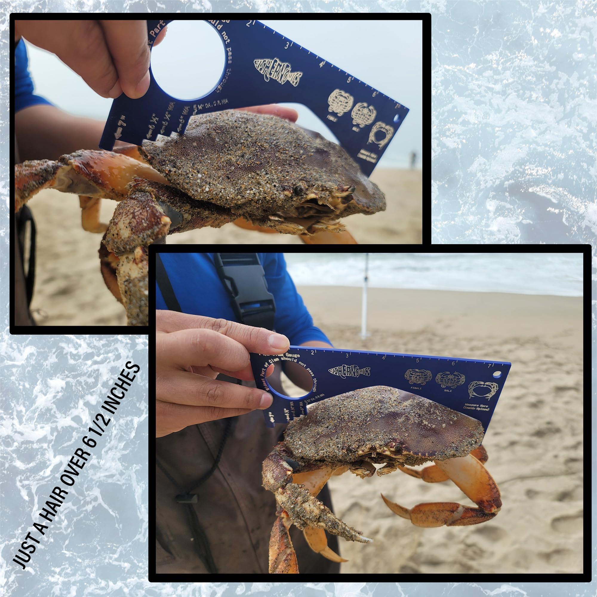 Blue body with silver text Fishernomics Crab Gauge