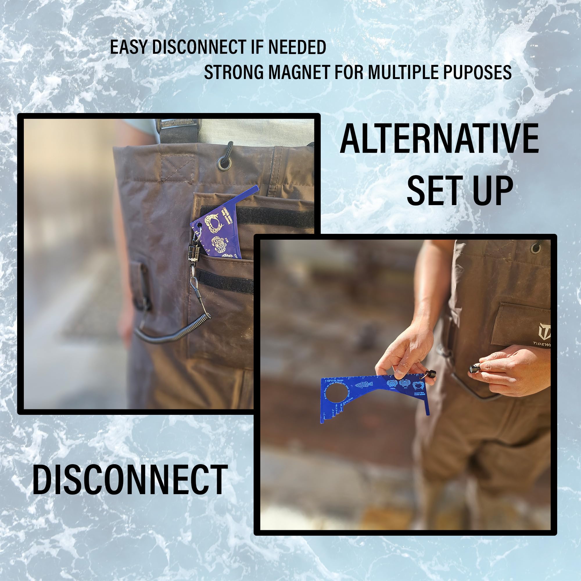 Product packaging showing Fishernomics Crab Gauge with clip and lanyard