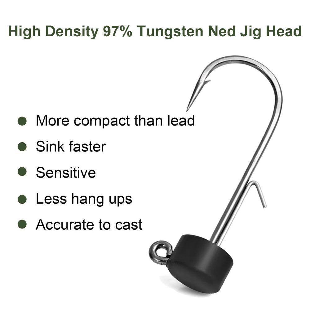 Close-up of Mustad 90-degree round-bend hook on Fishfun Ned Rig head