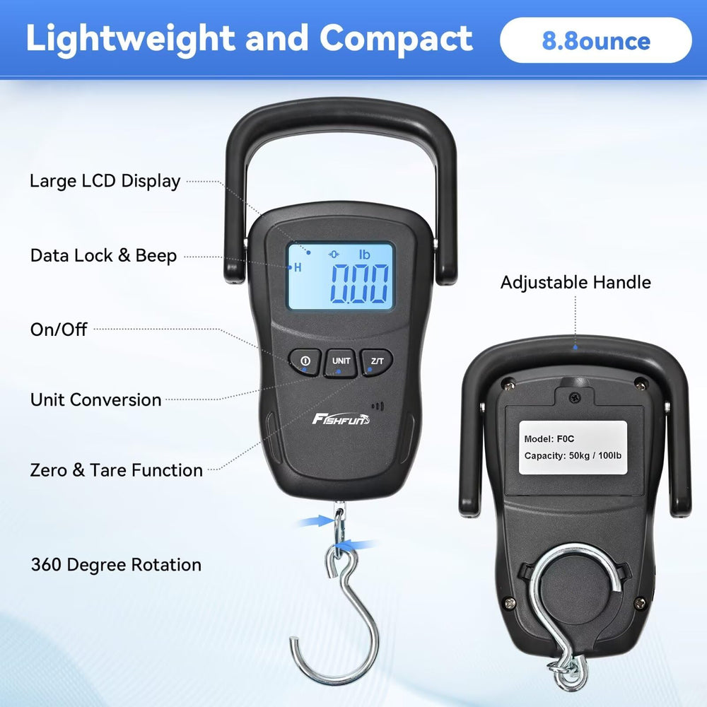 Fishfun Rechargeable Fish Scale – 110lb/50kg Digital Hanging Scale ...