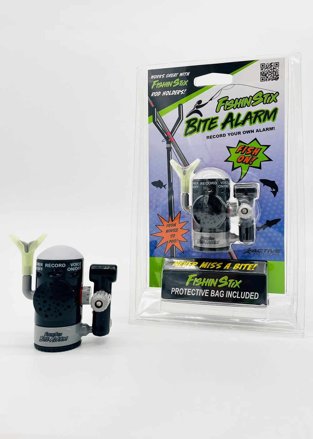 Fishin Stix Bite Alarm includes replaceable batteries for quick readiness.