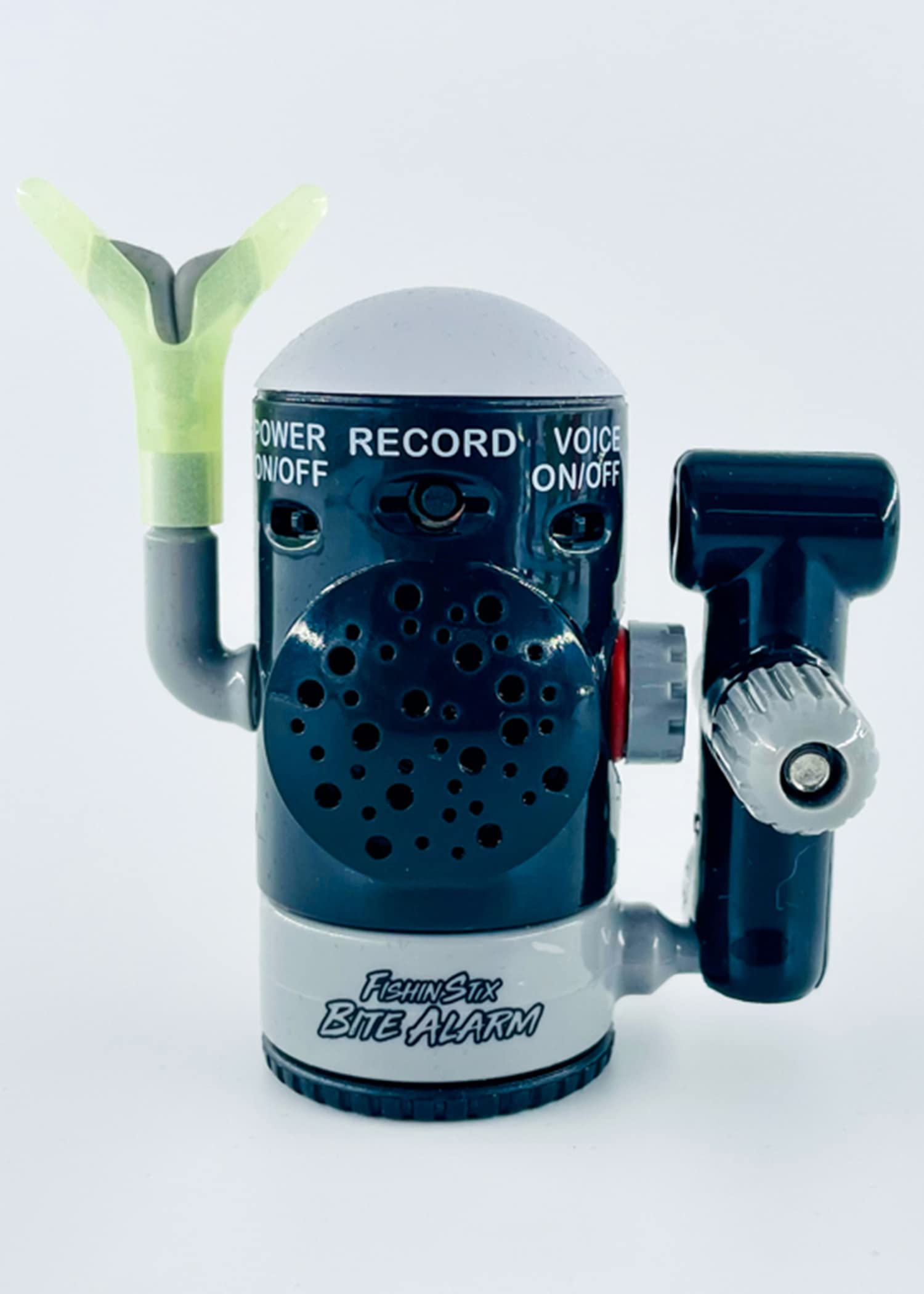 Fishin Stix Bite Alarm in black mounted on rod holder for hands-free bite alerts.