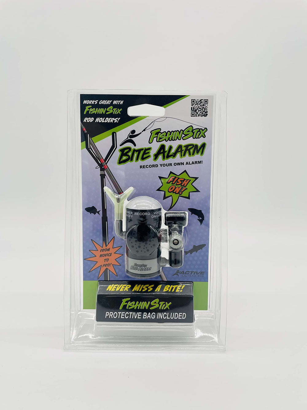 Fishin Stix Bite Alarm with soft protective bag for safe transport and storage.