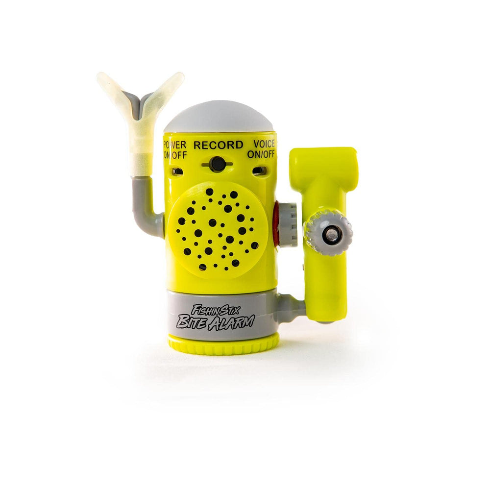Fishin Stix Bite Alarm yellow mounted on rod holder with instant bite alert