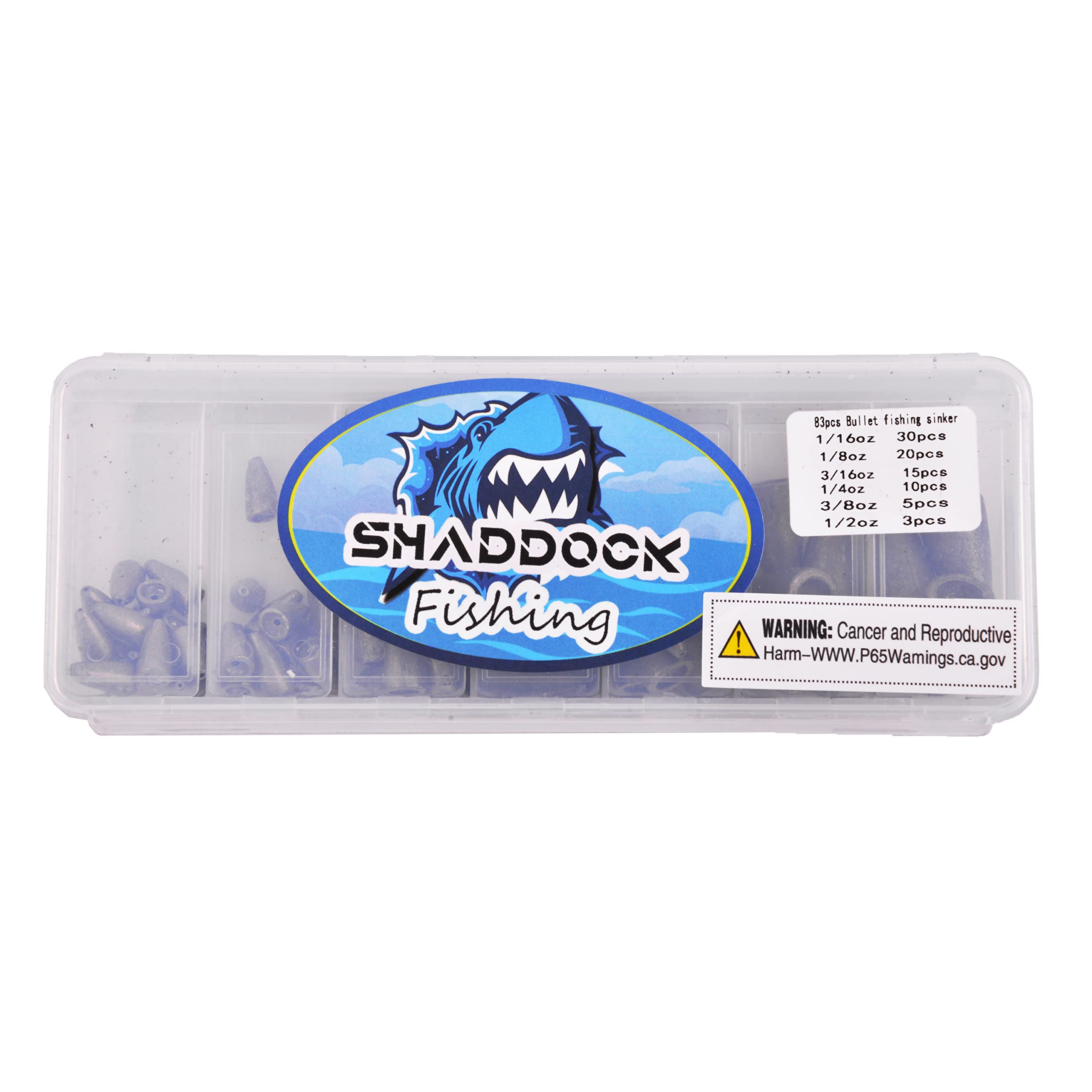 Fishing tackle box with worm sinker weights 83pc display