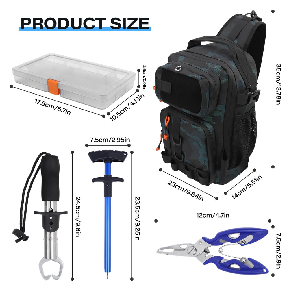 Front view of the green fishing backpack showing storage pockets