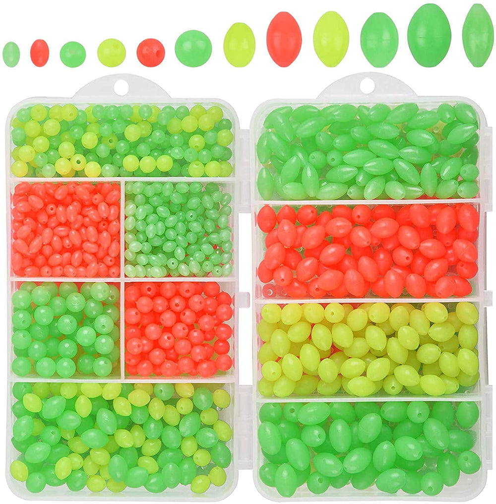 Assorted glow-in-the-dark fishing beads in green, yellow and red colors.