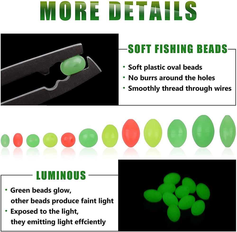 Yellow and red glow beads in multiple sizes for rigging.