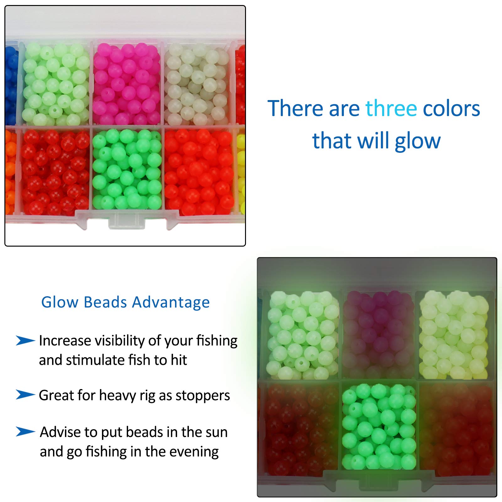 Floating beads in bright glow colors for fishing rigs