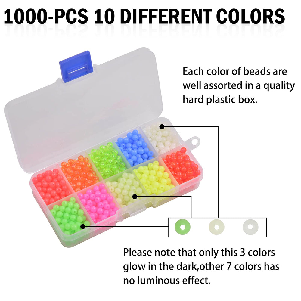 Beads showing 10 color options for fishing rigs