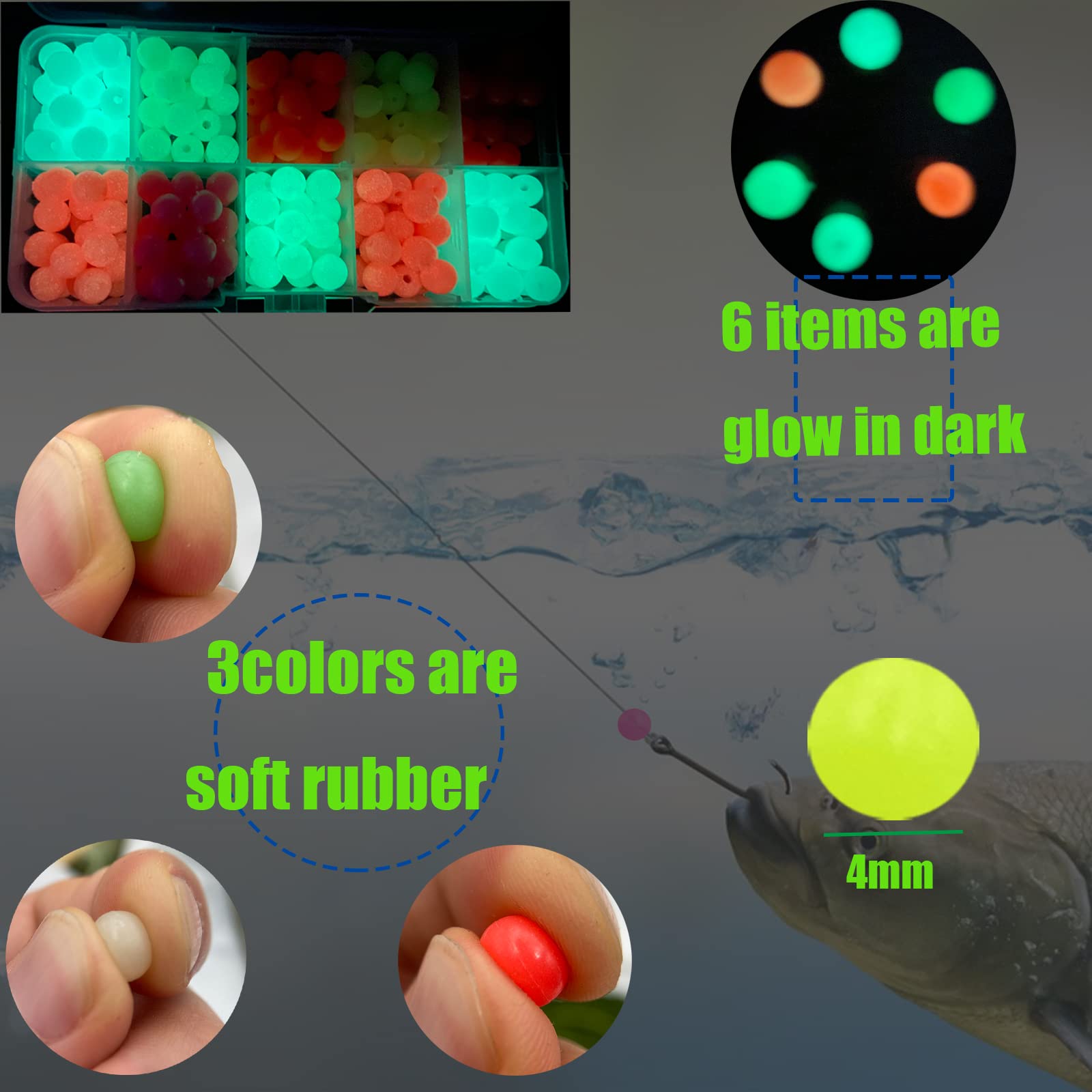 Close-up of glow-in-the-dark beads in case
