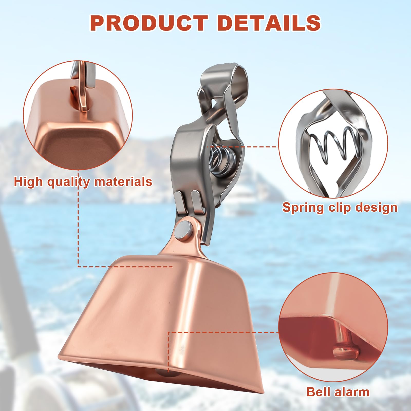 Copper-colored fishing bell with adjustable clip close-up