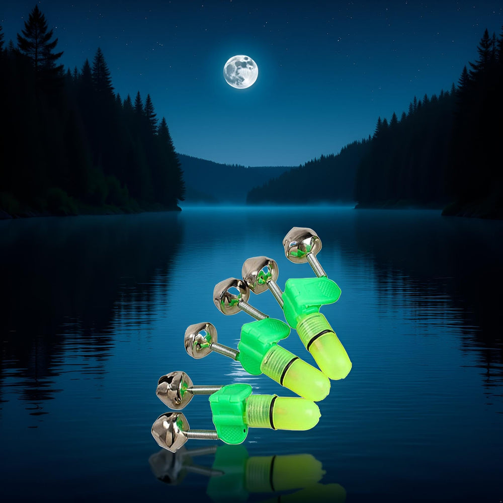 Fishing bite alarm with twin bells and LED light – side angle