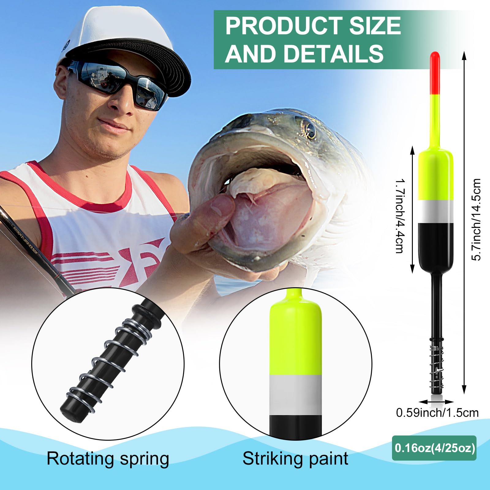 Sliding spring bobbers showing depth control feature