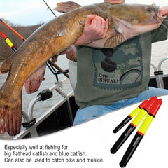 High visibility yellow with red top catfish float mounted on line