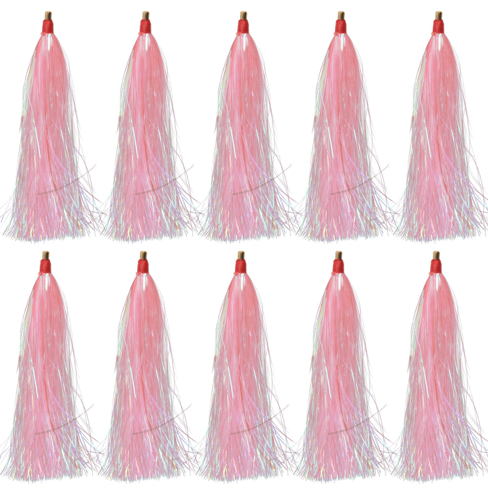 Pink fishing bucktail teaser set close-up