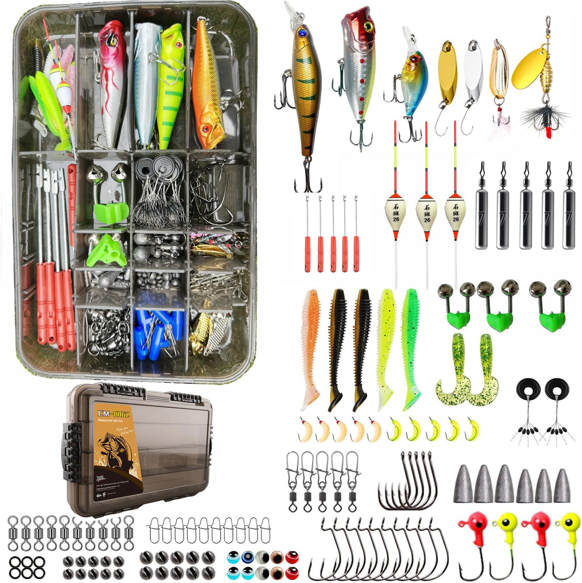 All-in-one fishing gear box showcasing the 175-piece tackle set