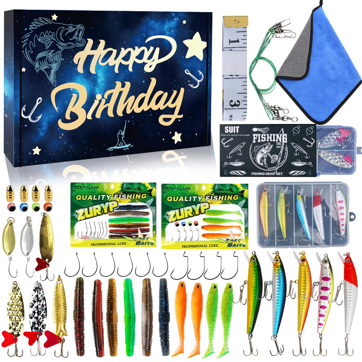 Front view of the fishing gift tackle box with lures
