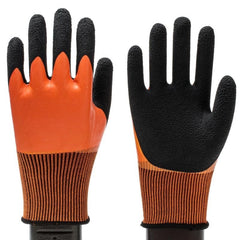 Orange waterproof fishing gloves with textured latex coating for non-slip grip