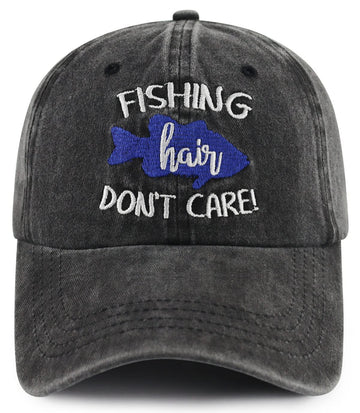 Front view of unisex fishing hat with embroidered 'Fishing Hair Don't Care' logo