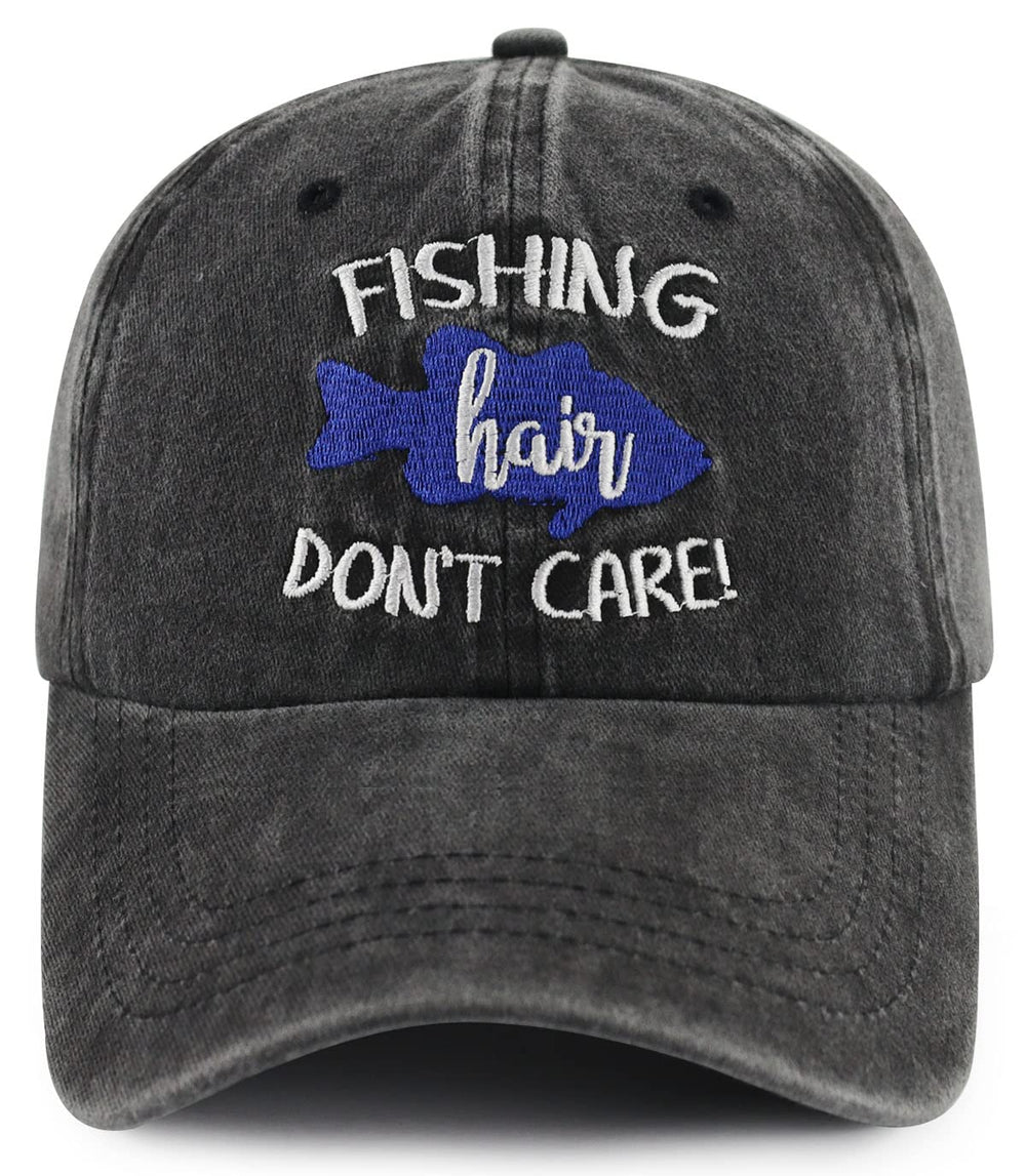 Front view of unisex fishing hat with embroidered 'Fishing Hair Don't Care' logo