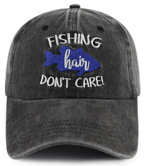 Front view of unisex fishing hat with embroidered 'Fishing Hair Don't Care' logo