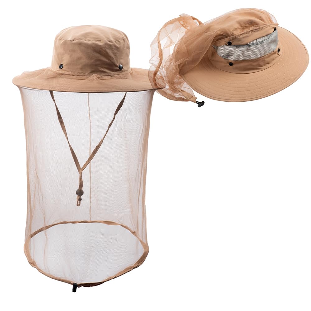 Khaki fishing hat with built-in mosquito head net
