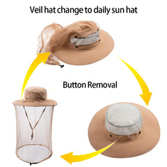 Close-up of hidden mosquito net on hat