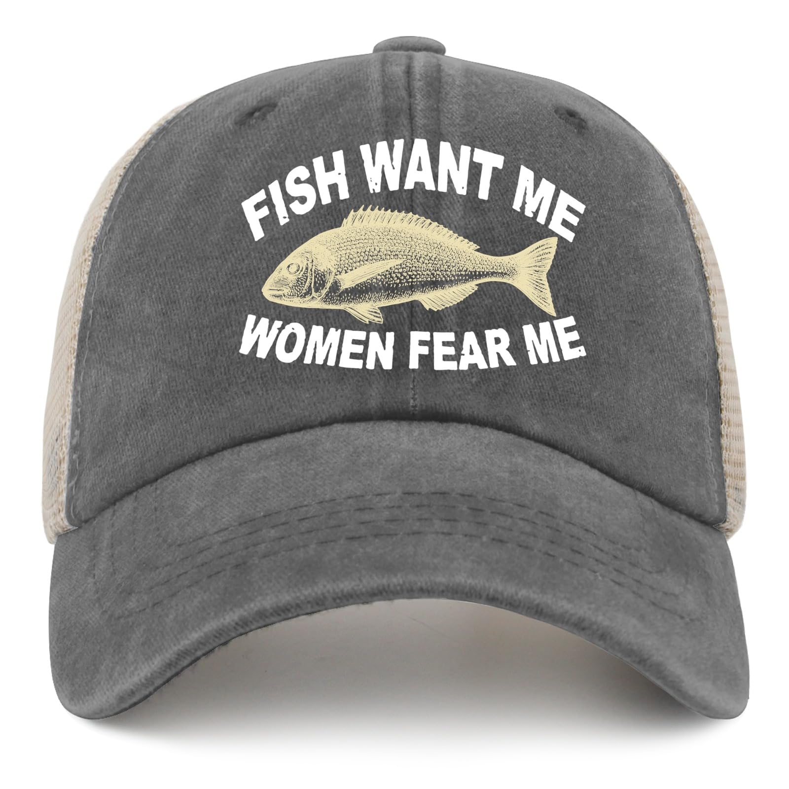 Women's trendy trucker hat with 'Women Want Me Fishes Fear Me' design, breathable mesh back