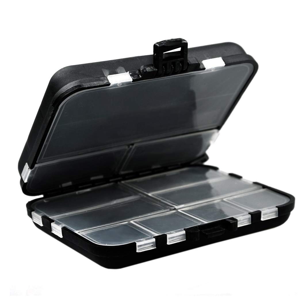 Jig hooks, lures, and other accessories organized in the case