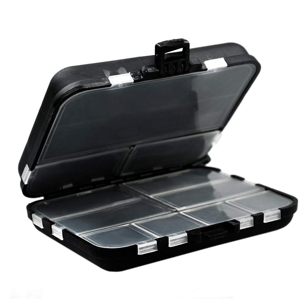 Jig hooks, lures, and other accessories organized in the case