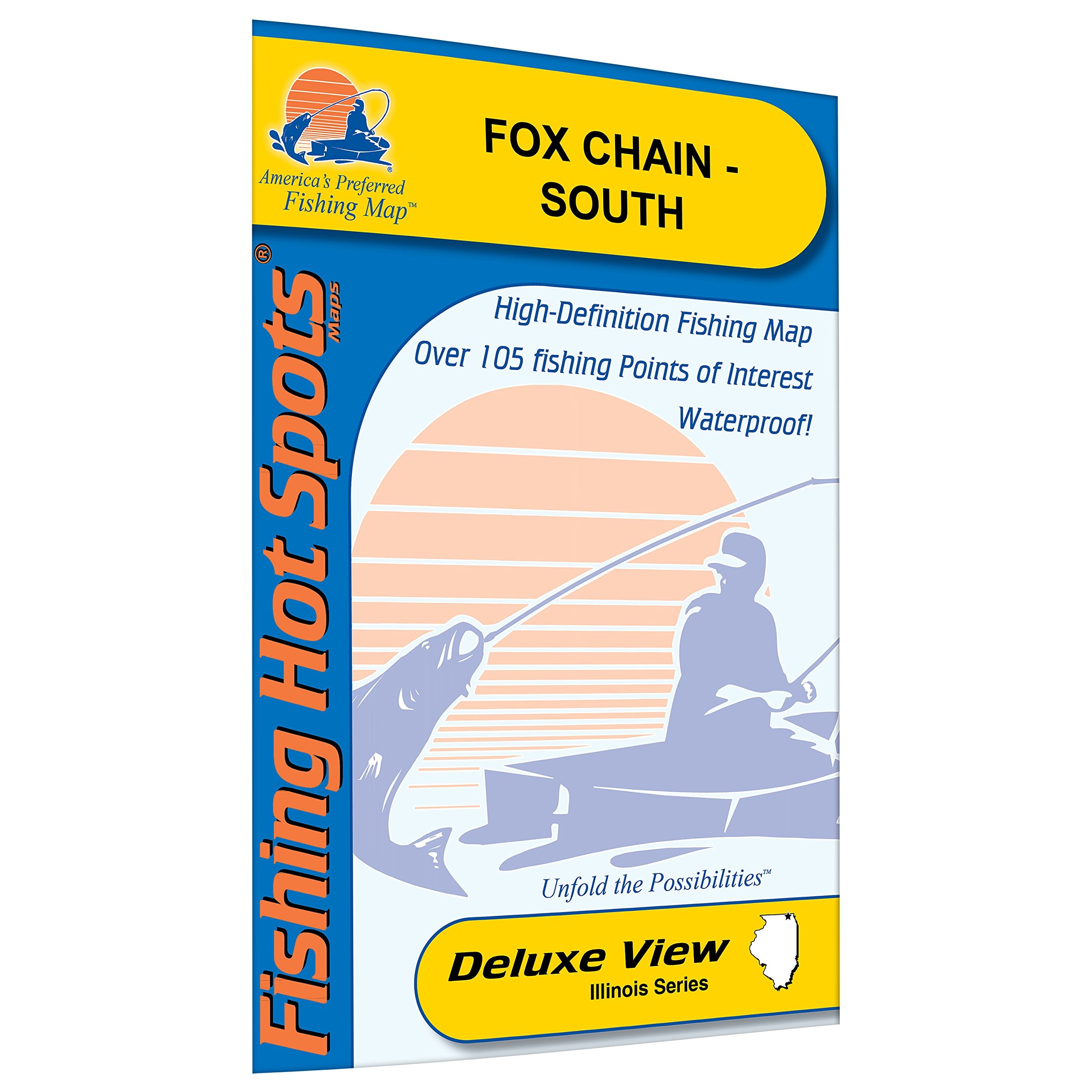 Fishing Hot Spots Fox Chain-South map for precise angling planning and lake navigation.