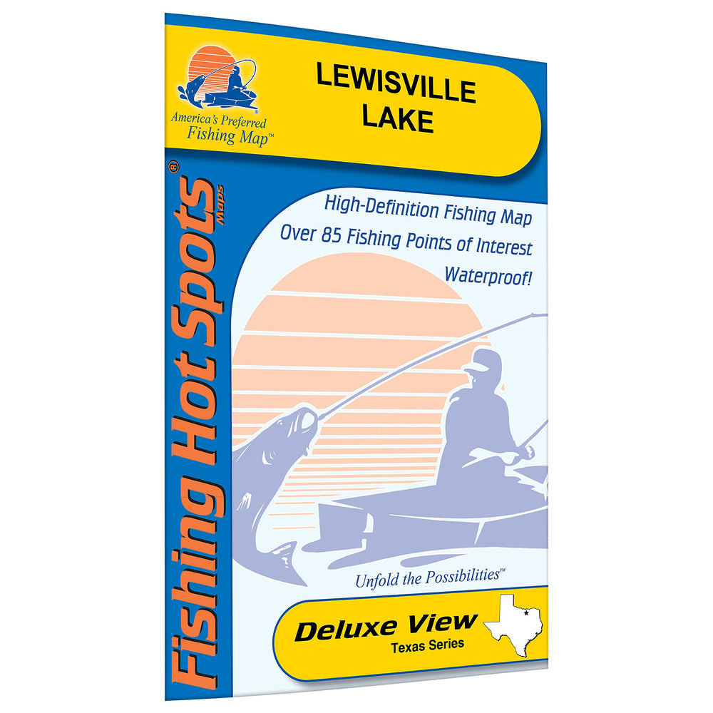 Fishing Hot Spots Lewisville Lake Map cover highlights color-coded zones for bass and catfish trips.