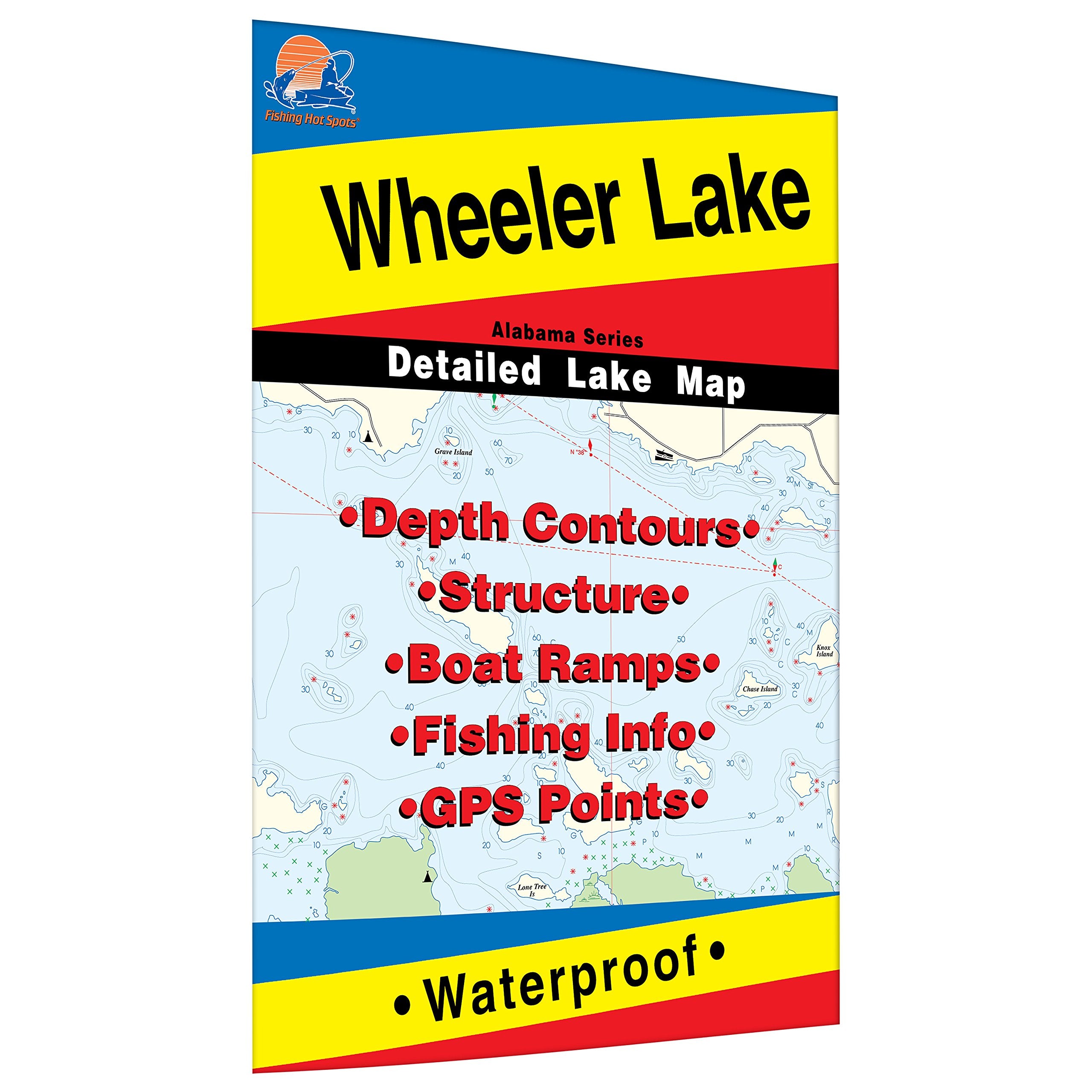 Fishing Hot Spots Wheeler Lake Map on waterproof material shows boat access points and depth shading