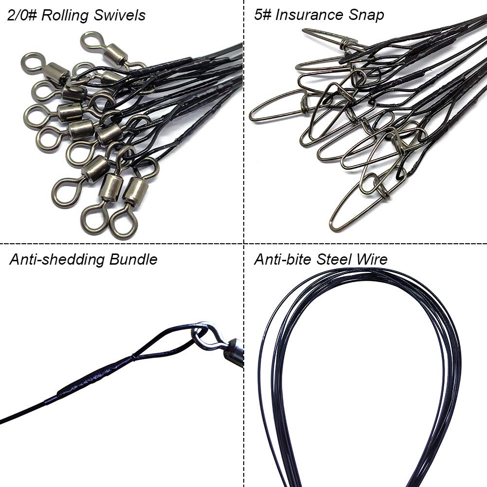 Close-up of stainless steel leader wire with swivels