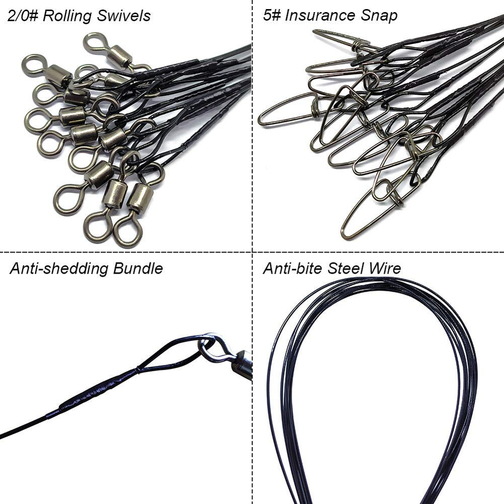Close-up of stainless steel leader wire with swivels