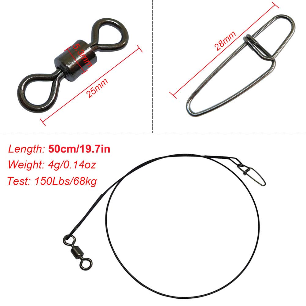 Leader wire with rolling swivels and snaps for secure connections