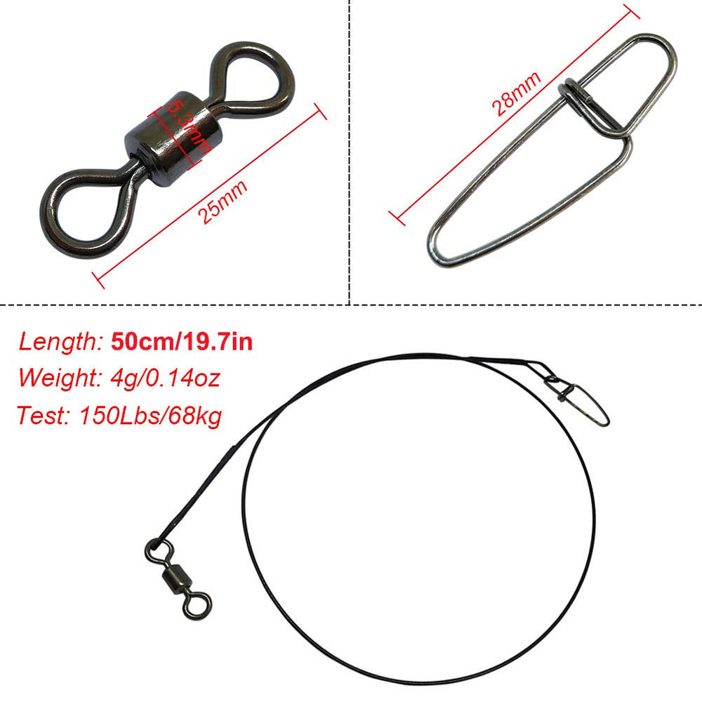 Leader wire with rolling swivels and snaps for secure connections