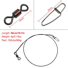 Leader wire with rolling swivels and snaps for secure connections