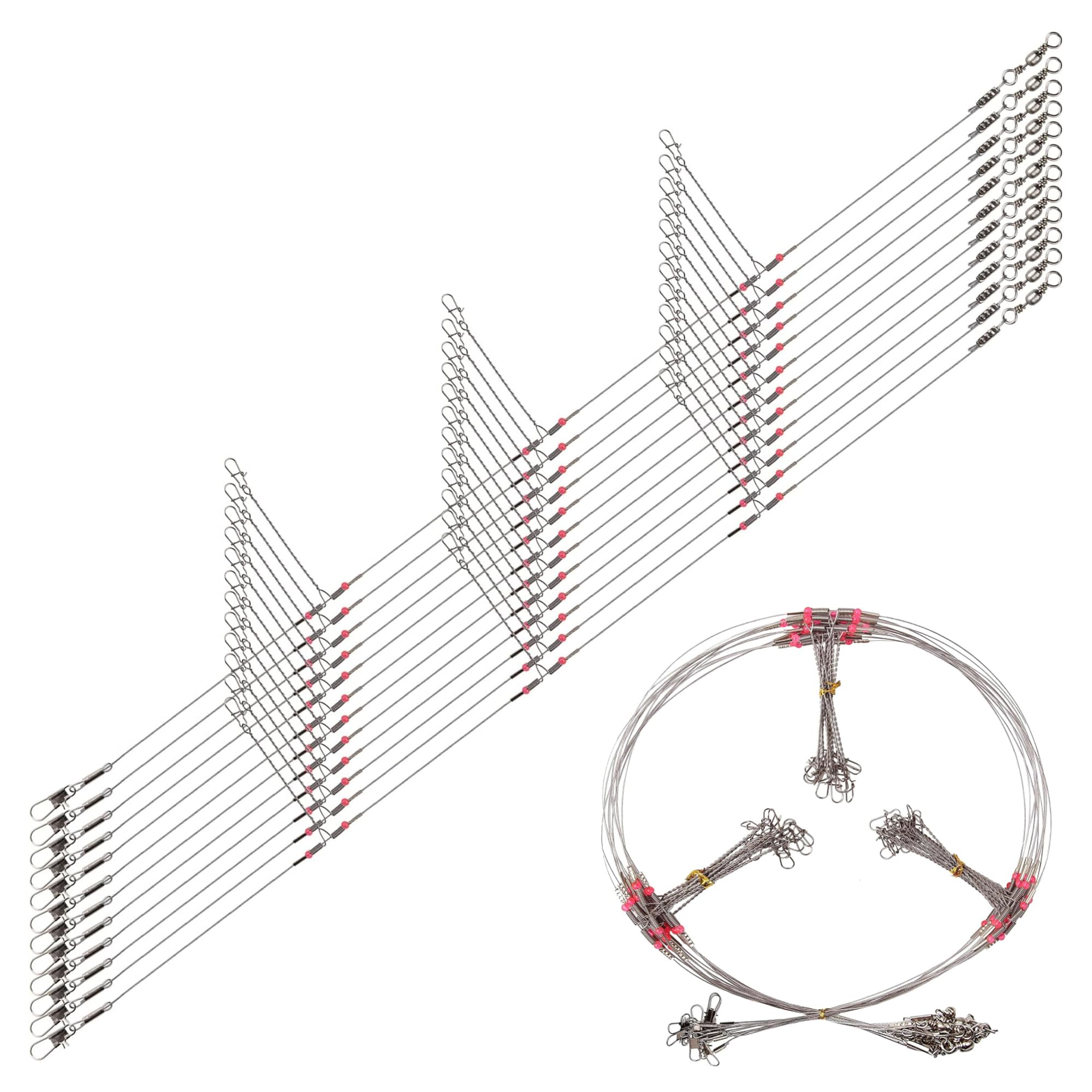 12-piece stainless steel fishing leaders with swivels, snaps and beads