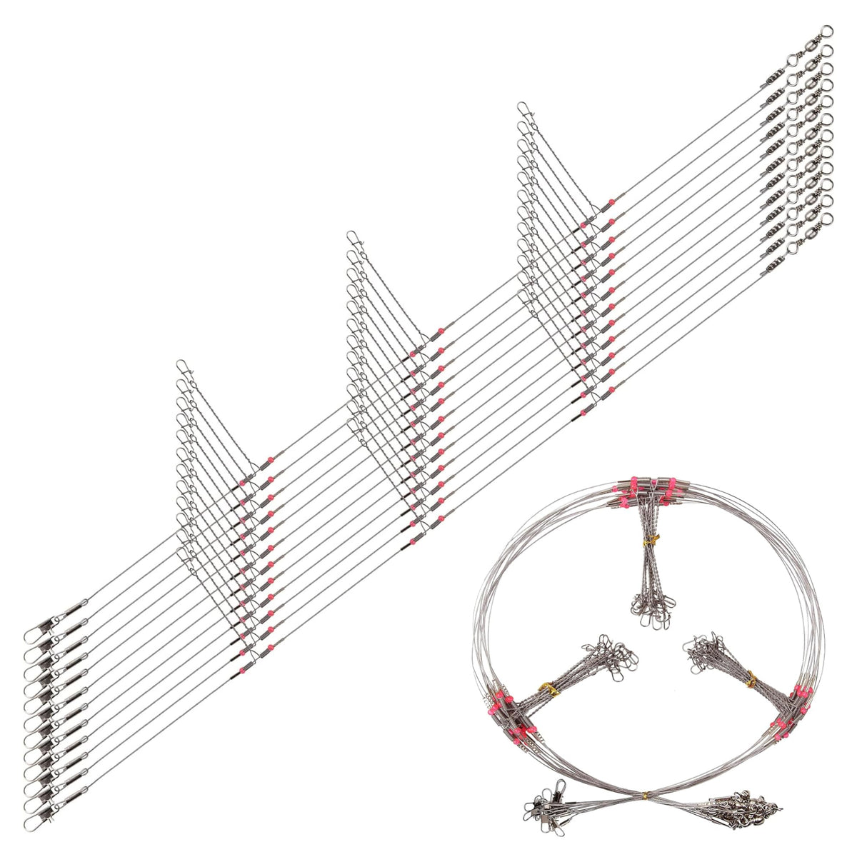 12-piece stainless steel fishing leaders with swivels, snaps and beads