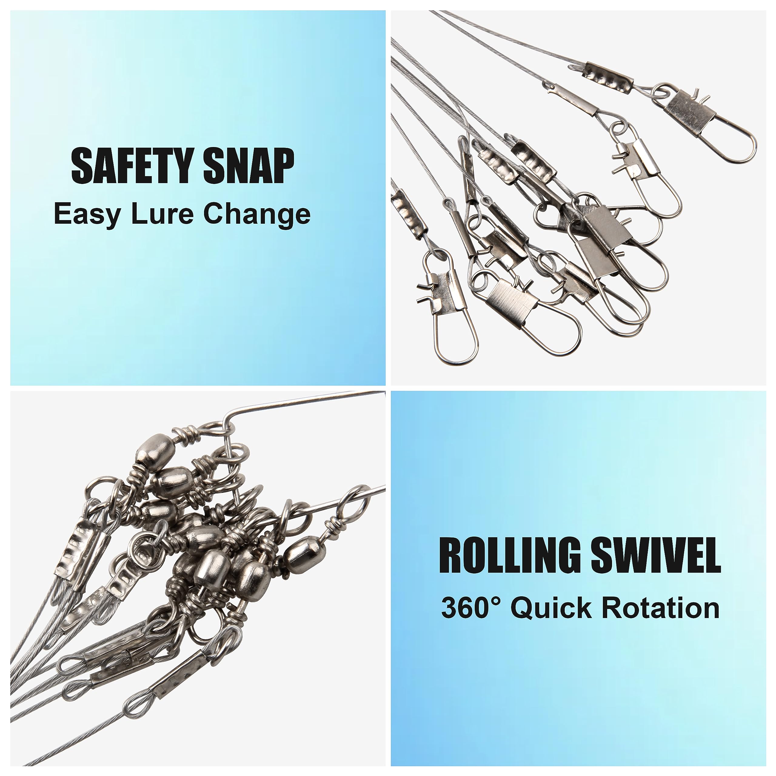 Close-up of swivels and snaps on fishing leader