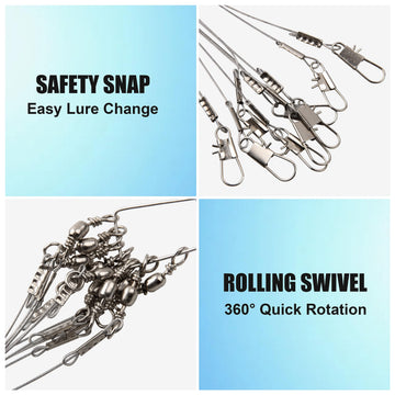 Close-up of swivels and snaps on fishing leader