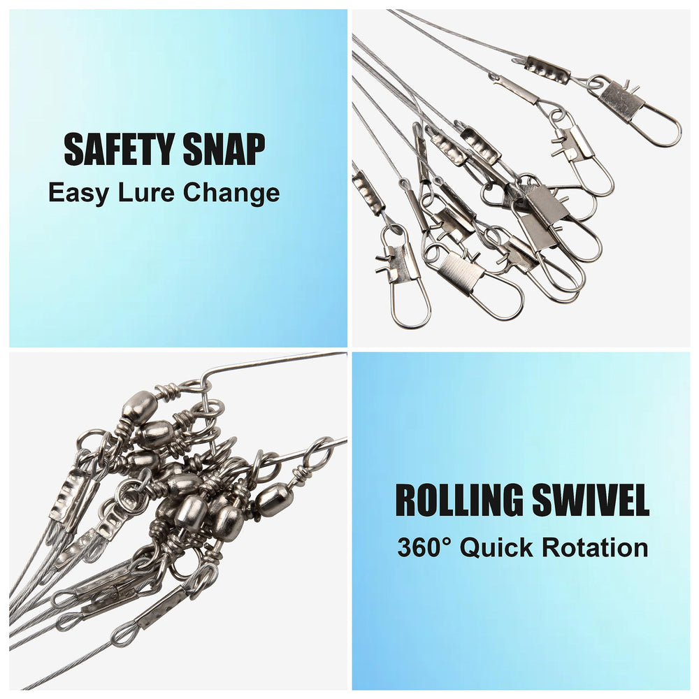 Close-up of swivels and snaps on fishing leader