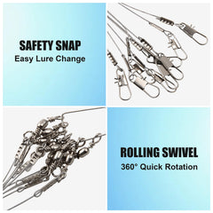 Close-up of swivels and snaps on fishing leader