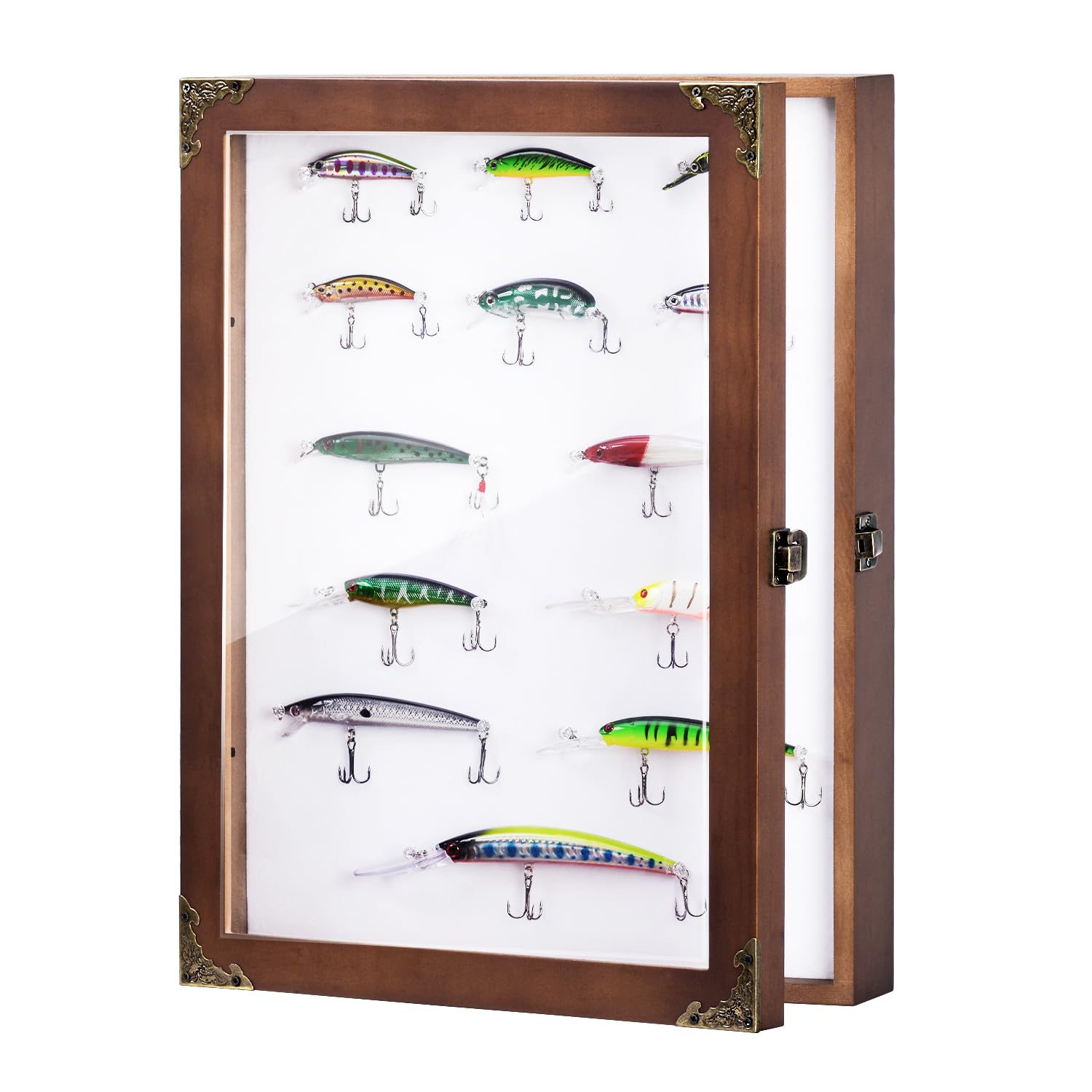 Large shadow box display case for fishing lures with dark wood finish