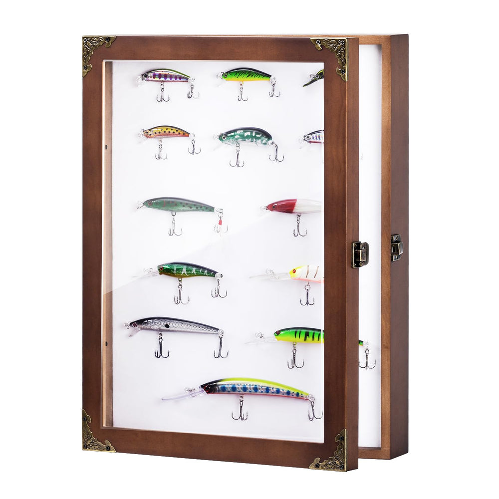 Large shadow box display case for fishing lures with dark wood finish