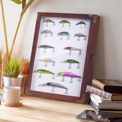 Transparent acrylic front of fishing lure display case showing 3D view